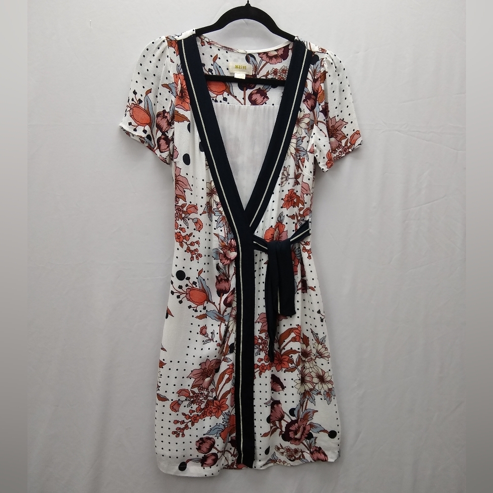 Women's Maeve 'Aubrey' Wrap Mini Dress White w/Dark Trim Short Sleeve Sz 2